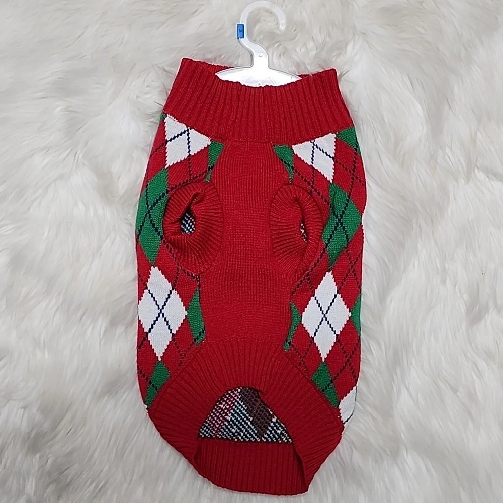 Red, White, Green & Black  Argyle Dog Sweater Medium New with Tags